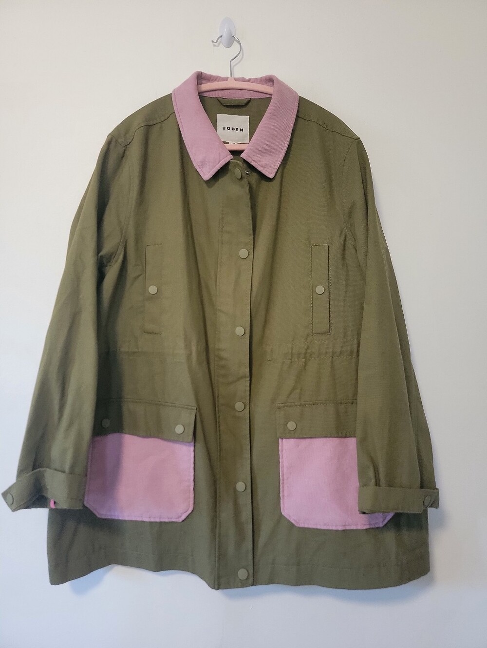 Boden Olive Utility Jacket with Pink Collar and Pockets